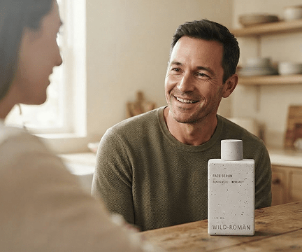 a man sits behind a bottle of Wild Roman bakuchiol serum