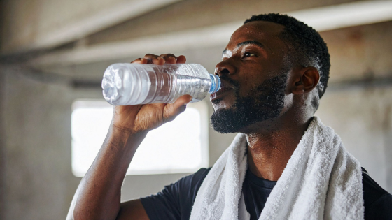 A man drinking from a bottle of water after a sweaty workout