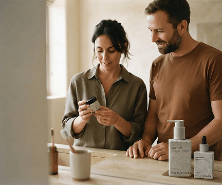 a man and woman look at tallow skincare products to see if tallow clogs pores