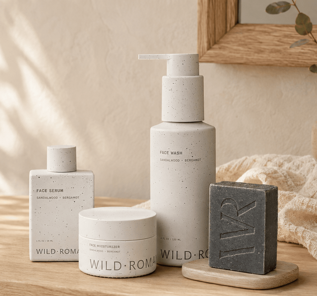 wild roman face care products, including the best natural face moisturizer for men