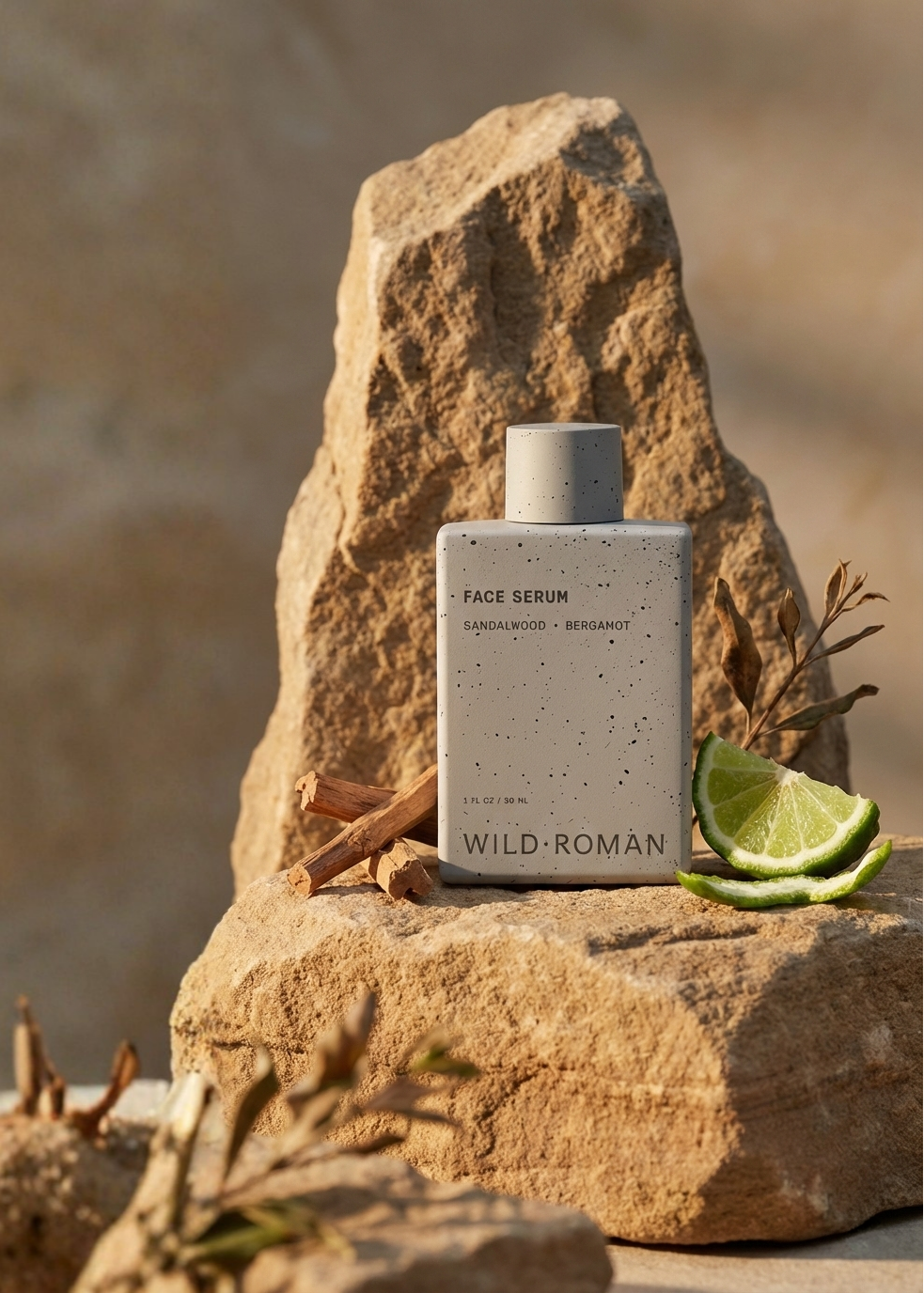 Wild Roman Face Serum, a natural anti-aging skincare example, sits on a stone next to natural ingredients