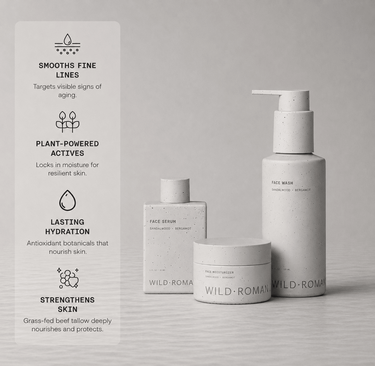 Three Wild-Roman skincare products in matte white packaging are arranged on a light gray surface against a soft gray background, with a vertical text panel on the left describing product benefits.