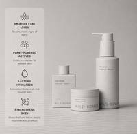 Three Wild-Roman skincare products in matte white packaging are arranged on a light gray surface against a soft gray background, with a vertical text panel on the left describing product benefits.