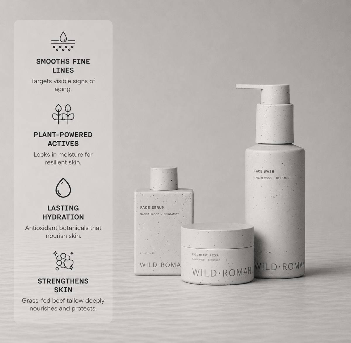 Three Wild-Roman skincare products in matte white packaging are arranged on a light gray surface against a soft gray background, with a vertical text panel on the left describing product benefits.