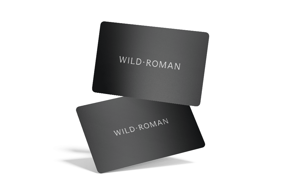 Two black cards with 'WILD ROMAN' text on a white background