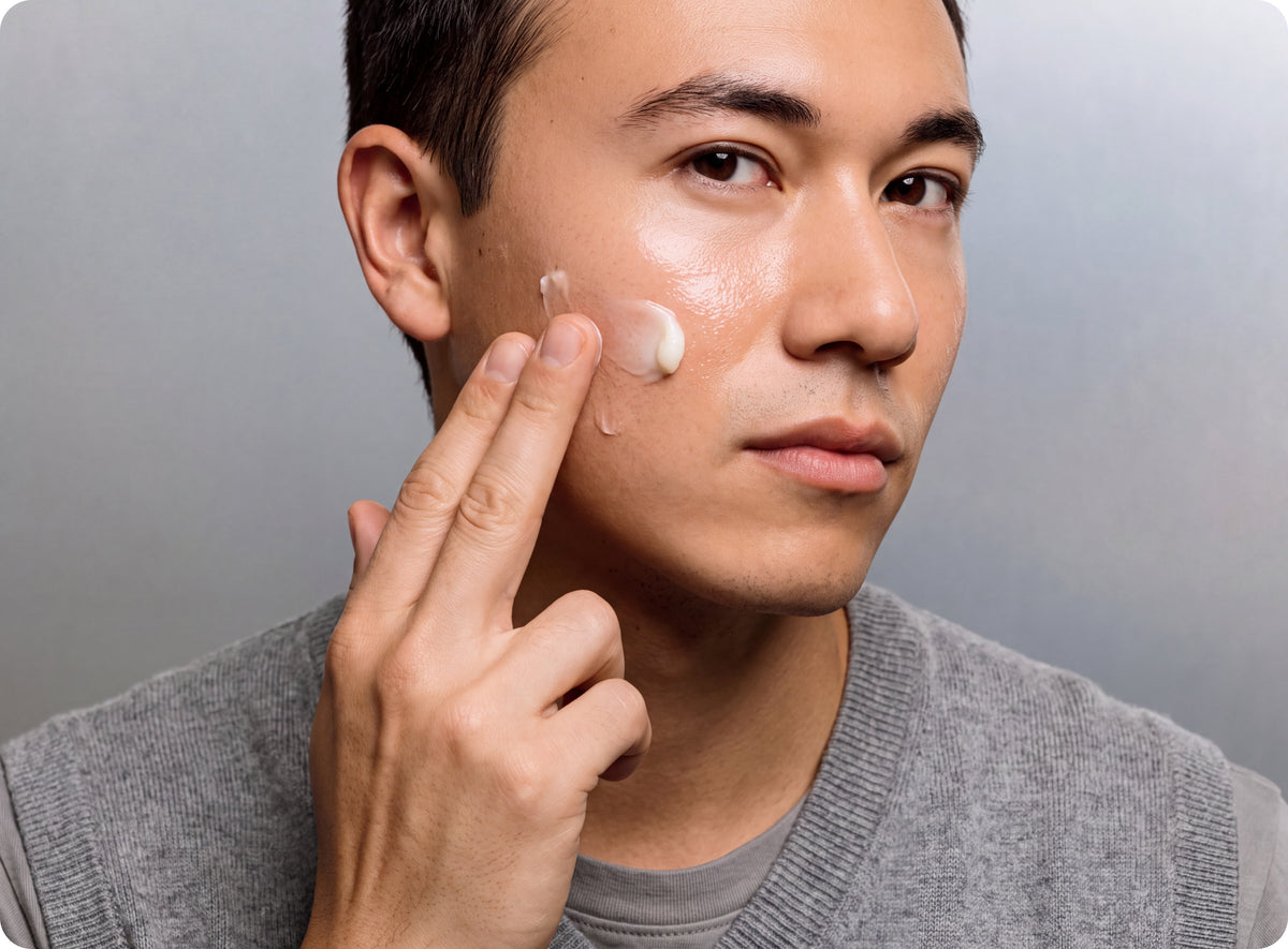 Close-up of a man in a gray sweater vest applying moisturizer to his cheek with two fingers