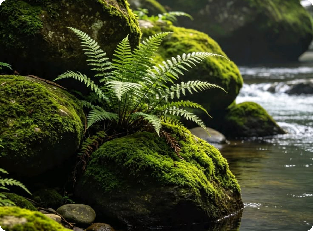 Green fern growing on moss-covered rocks beside a flowing forest stream