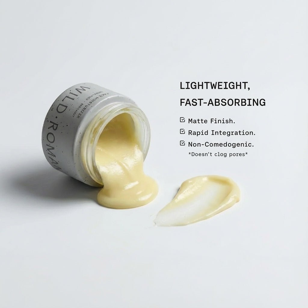Open jar of WildRoman Face Moisturizer with a droplet on a light gray background, featuring text about product attributes.