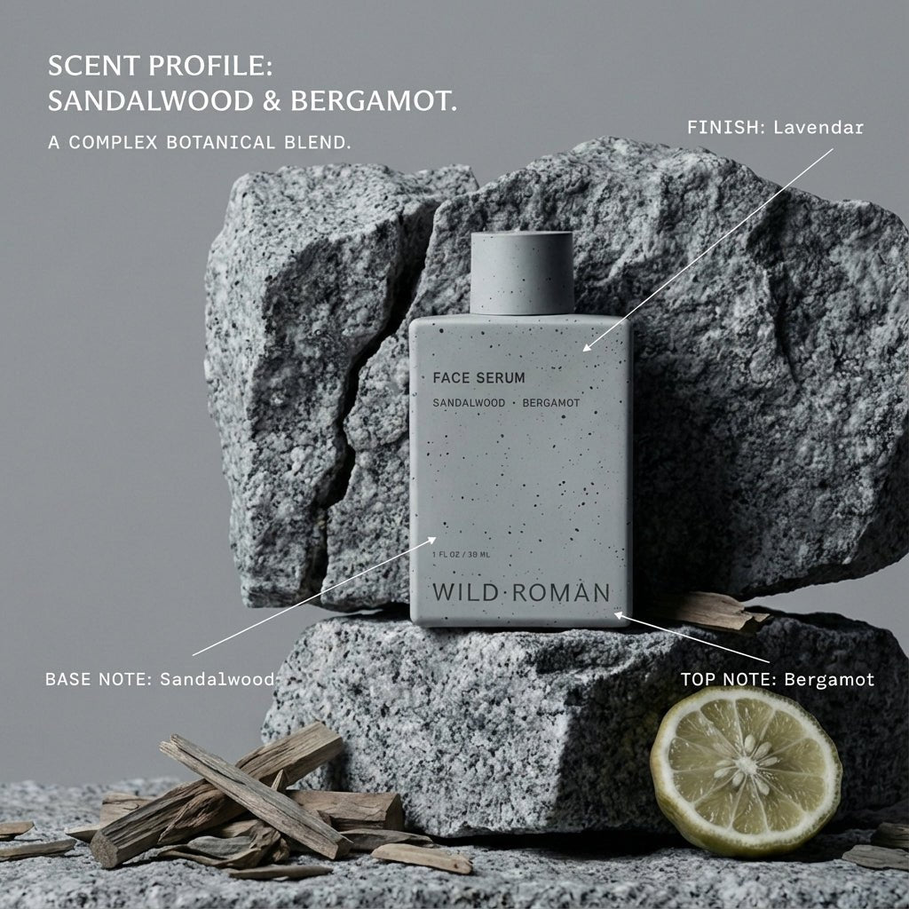Men's All Natural Face serum bottle labeled 'Wild Roman' on a rock with sandalwood and bergamot elements.