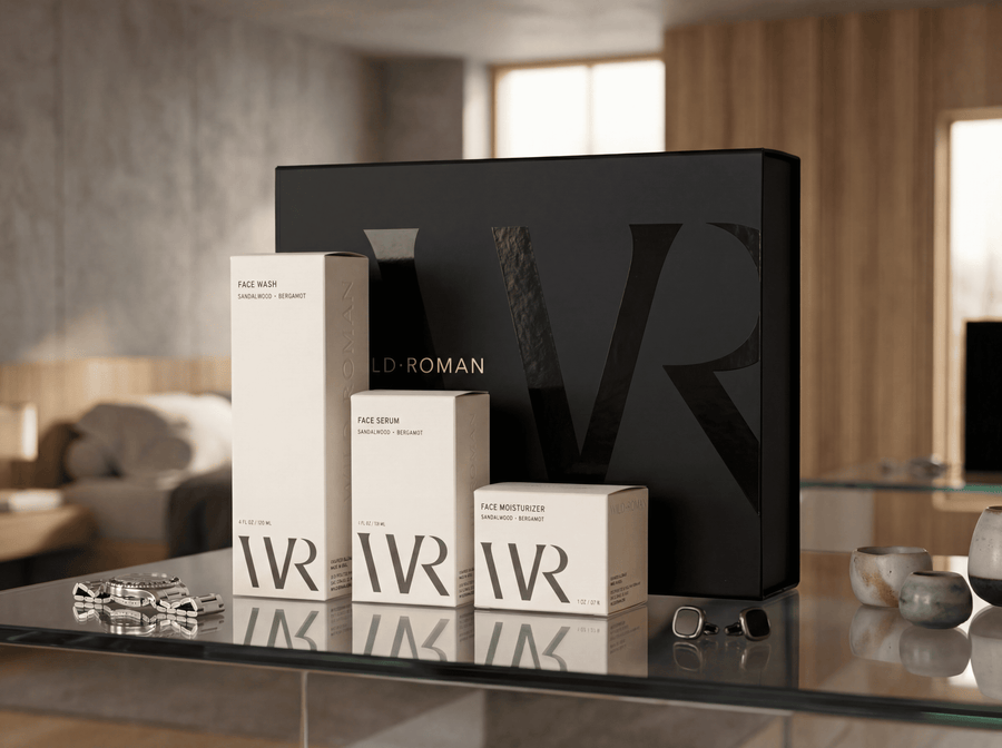 Black and white cosmetic boxes with 'WR' branding on a reflective surface.