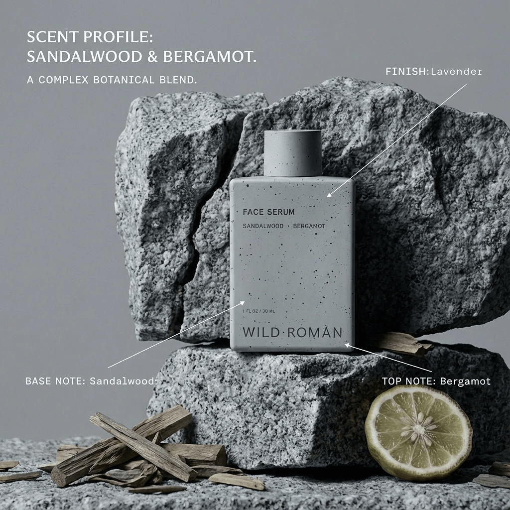 Face serum bottle labeled 'Wild Roman' on a rock with sandalwood and bergamot elements.