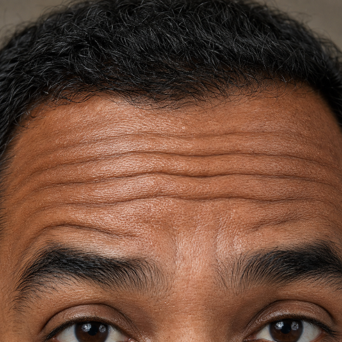 Close-up of a man's forehead showing horizontal forehead wrinkles