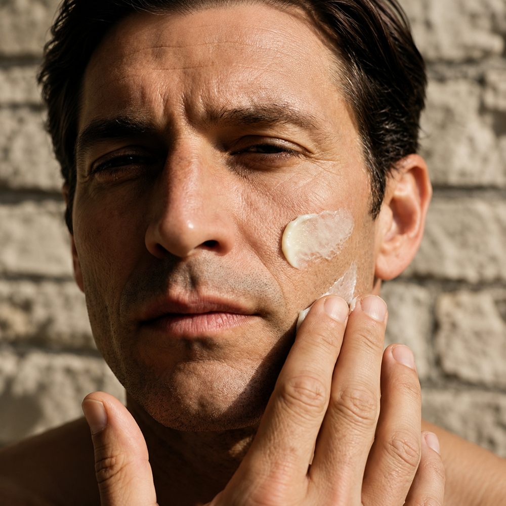 A close-up of a man applying Wild Roman's tallow moisturizer to his cheek against a textured stone wall background.